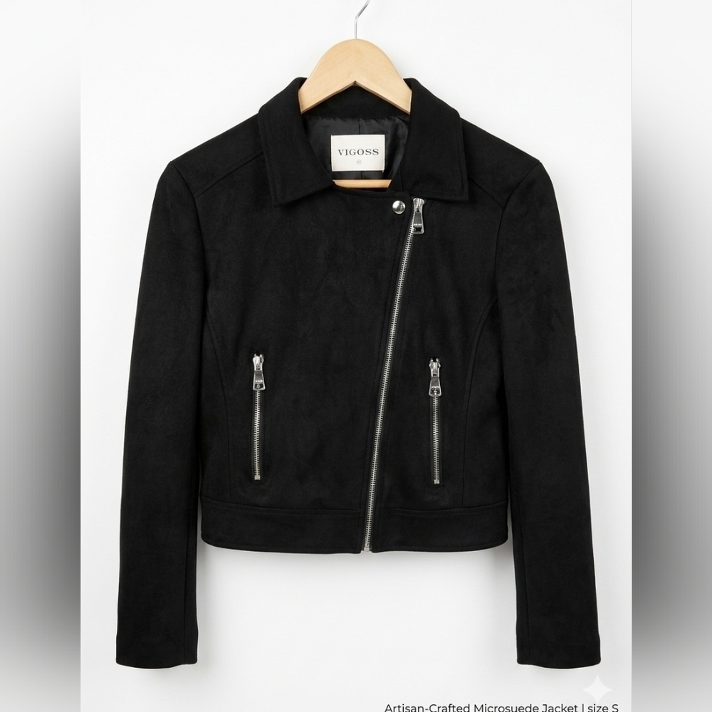 Vigoss Black Faux Suede Moto Jacket - Asymmetrical Zip - Size XS - VC-J00097A
